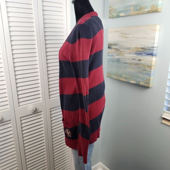 Abercrombie & Fitch Cardigan S Navy Red Stripe Logo Y2K Preppy Academia - Picture 4 of 8